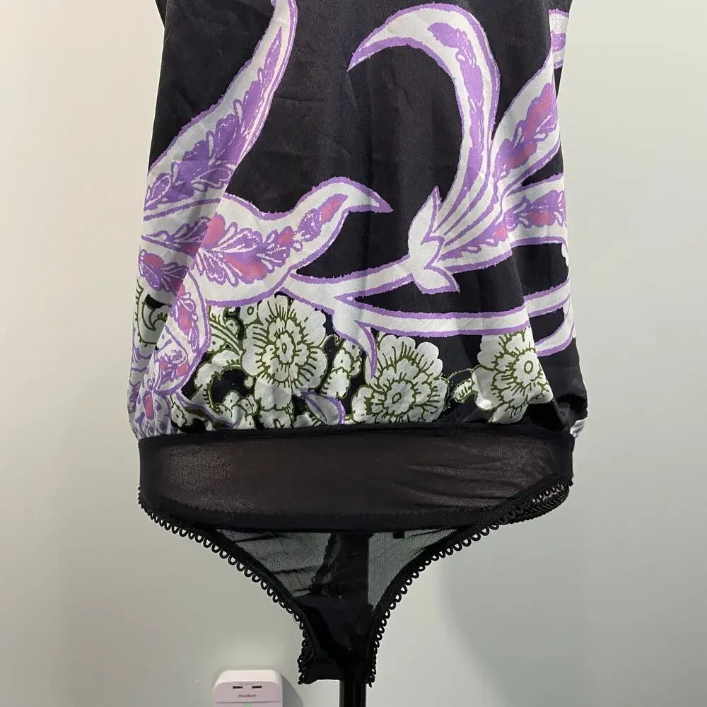 Free People Black Floral Strapless Satin Feel Spellbound Bodysuit Size S
